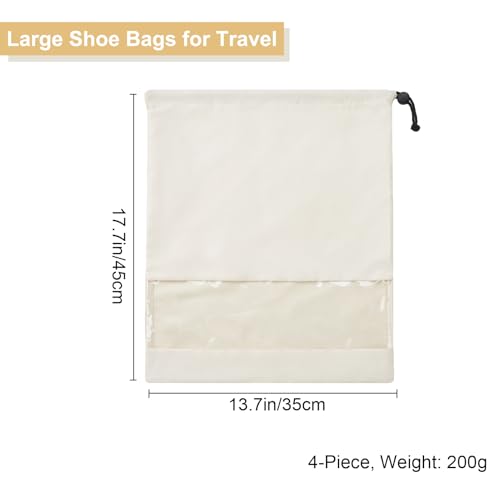 4 Pcs Shoe Bags for Travel with Clear TPU Window & Drawstring Closure - color: Beige