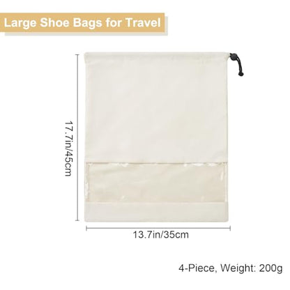 4 Pcs Shoe Bags for Travel with Clear TPU Window & Drawstring Closure - color: Beige