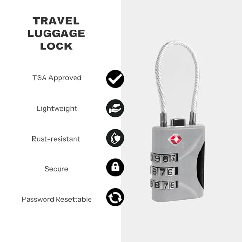 Travel Luggage Locks TSA Approved, Small Combination Padlock with Cable, Combo TSA Lock for Suitcase, Locker & Gym, Cabinet, Bag Zipper, Lock with Code for Travel Accessories (Silver) - color: Silver