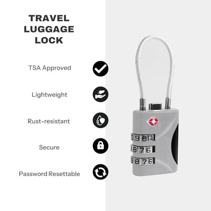 Travel Luggage Locks TSA Approved, Small Combination Padlock with Cable, Combo TSA Lock for Suitcase, Locker & Gym, Cabinet, Bag Zipper, Lock with Code for Travel Accessories (Silver) - color: Silver