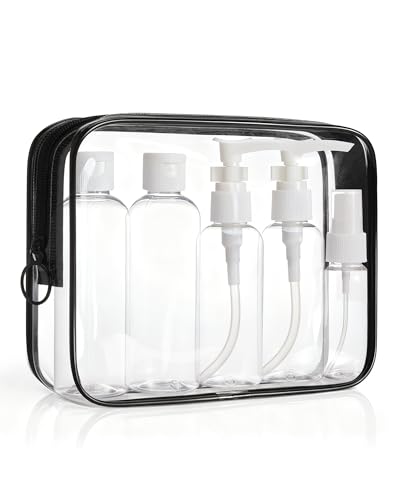 BAGSMART Clear Toiletry Bag with Refillable Travel Bottles Set, Black - color: Pure Black, size: 1 Pack with 5 bottles, Medium