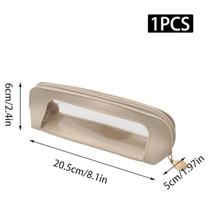 Beige Clear Makeup Bag, PU Leather Travel Makeup Brush Holder - color: Beige