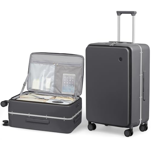 mixi 24 Inch Checked Luggage PC Hard Shell Suitcase Top Opening Aluminum Frame Travel Suitcases with Wheels, Rock Gray - color: Rock Gray, size: 24 inch