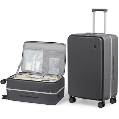 mixi 24 Inch Checked Luggage PC Hard Shell Suitcase Top Opening Aluminum Frame Travel Suitcases with Wheels, Rock Gray - color: Rock Gray, size: 24 inch