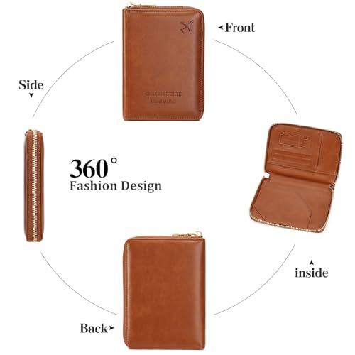 Travel Passport Wallet RFID Blocking Passport Holder-Women and Men with Zippered Ladies Passport Cover - color: H-Light Brown