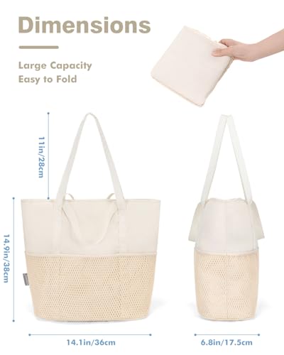 KABAQOO Large Beach Bag Waterproof Sandproof Tote Bag for Women with Zipper & Mesh Pockets for Pool Swim Travel Everyday - color: Beige