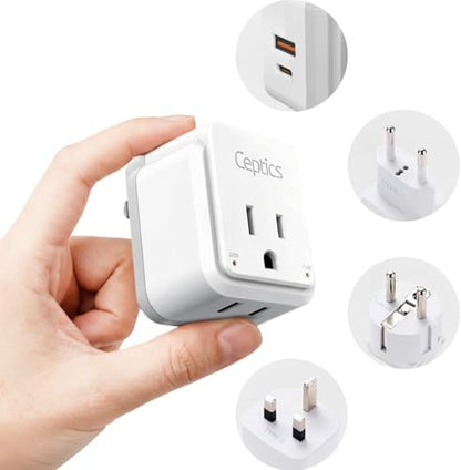 Ceptics 20W European Travel Plug Adapter, 2 USA Outlets, USB-C & USB-A - color: Pure White