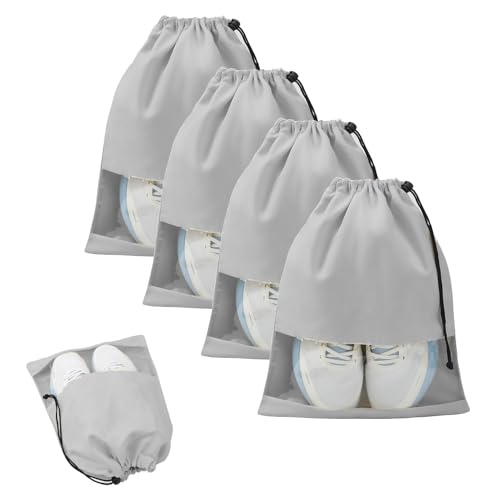 4 Pcs Shoe Bags for Travel with Clear TPU Window & Drawstring Closure - color: Grey