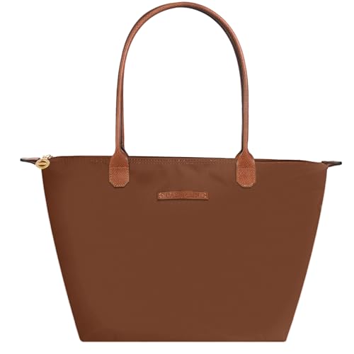 Waterproof Nylon Tote bag for Women Lightweight Designer Handbag with Zipper Stylish and Durable Purse - color: Chestnut, size: Medium