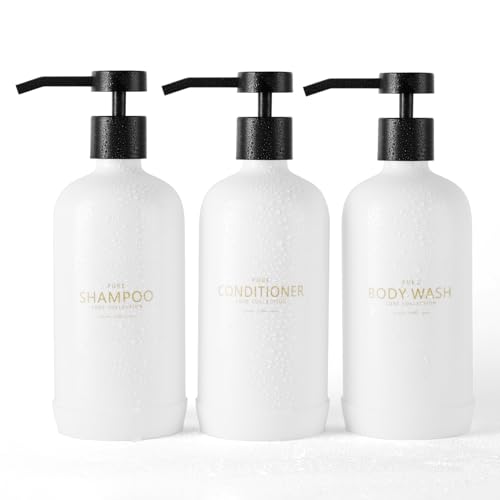 Shampoo and Conditioner Dispenser Set of 3 - color: White Bottles + Black Pumps
