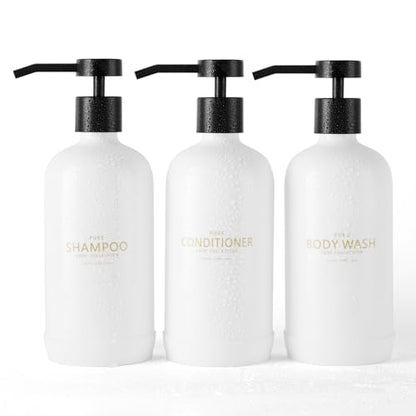 Shampoo and Conditioner Dispenser Set of 3 - color: White Bottles + Black Pumps