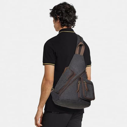 KL928 Canvas Sling Bag - Casual Crossbody Shoulder Daypack Rucksack Backpack for Men Women, Black - color: Black