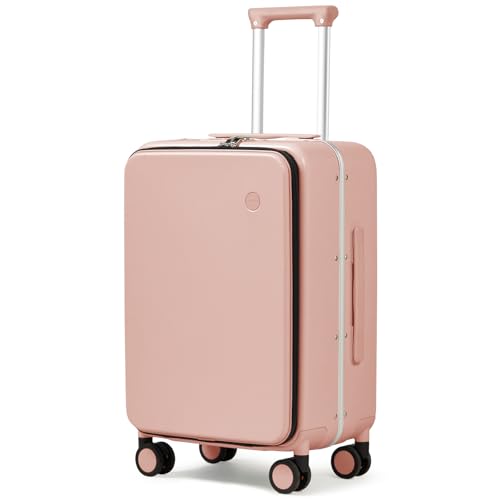 mixi Carry On Luggage, 20'' Suitcase with Front Pocket, Travel Rolling Luggage Aluminum Frame PC Hardside with Spinner Wheels & TSA Lock and Cover - Pink - color: Pink, size: 20-inch