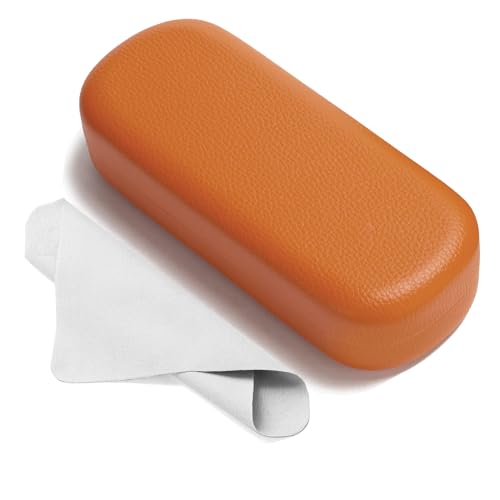 Marvolia Glasses Case Hard Shell Large Eyeglasses Case | PU Leather Protective Cases for Sunglasses Eyeglasses with Cleaning Cloth for Men Women - color: Orange