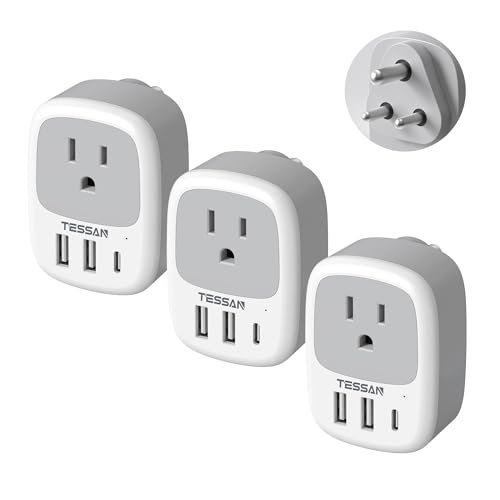 TESSAN US to India Plug Adapter, Type D Travel Adapter, 3 Pack - color: White/Grey-Type D