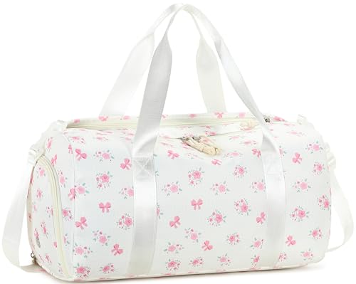 Dance Bag, Gym Bag for Girls, Kids Duffle Bag with Shoe & Wet Compartments - color: Beige flower