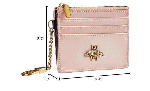 SEAVILIA Card Holder Keychain Wallet for Women with ID Window RFID Coin Purse Bee Gifts Slim Minimalist Small Wallet - color: Rose Gold