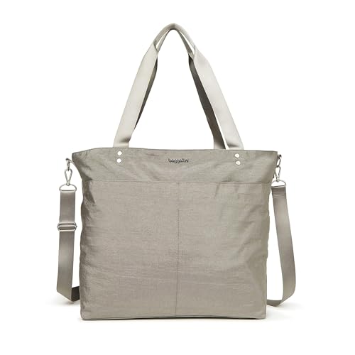 Baggallini Carryall Tote - Lightweight Nylon Zipper Top Weekender Travel Beach Bag w/Luggage Sleeve - color: Sterling Shimmer