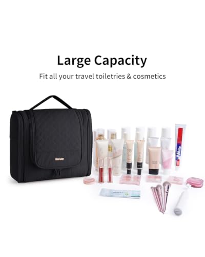 Narwey Hanging Toiletry Bag for Women, Quilted Travel Cosmetic Makeup Bag - color: Black