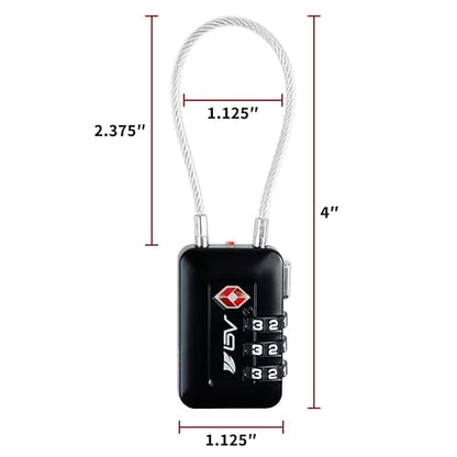 BV Luggage Locks TSA Accepted, Travel Sentry Approved 3-Digit Combination Suitcase Locks with Open Alert & Flexible Cable for Travel, Backpacks, Lockers, Cases, Black, 4 Pack - color: Black 4-Pack