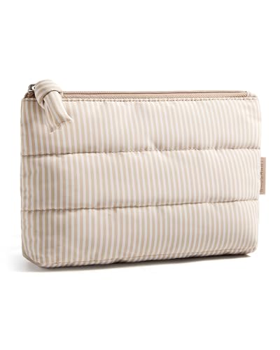 BAGSMART Small Makeup Bag, Machine Washable Puffy Cosmetic Pouch - color: Khaki Stripe