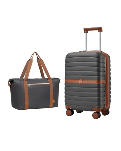 Kono Luggage Sets 2 Piece, Expandable Carry On Luggage 22x14x9 Airline Approved with Spinner Wheels, Lightweight & Durable PC+ABS Hardshell Travel Suitcase Rolling Luggage with Duffel Bag, Grey/Brown - color: Grey/Brown, size: 2 Piece Set (20/Db)