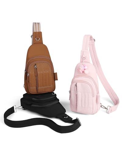 HomemeDiary Sling Bag Quilted Crossbody Bags for Women Cross Body Purse Puffer RFID Fanny Pack for Travel, Hiking, Daily - color: Dark Brown With Guitar Strap