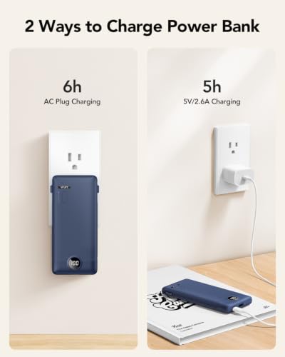 VRURC Portable Charger Built-in Cables and AC Wall Plug, USB C Power Bank 10000mAh, Travel Battery Portable Phone Charger Compact Lightweight External Battery Pack for Smart Phones, Tablets etc-Navy - color: Navy