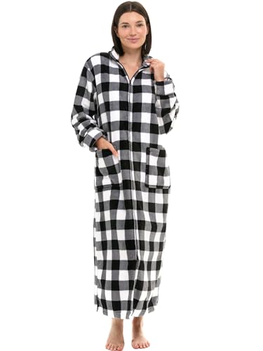 Women's Long Sleeve Plush Fleece Zip Up Robe, Zipper Bathrobe - color: Buffalo Check White Black Plaid, size: 3X