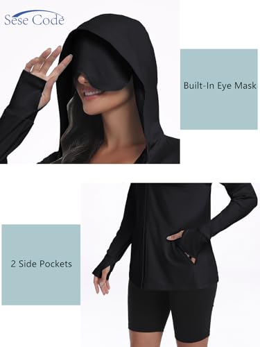 SeSe Code UPF 50+ Hoodie With Eye Mask Womens Zip Up Travel Jackets - color: Black, size: XX-Large