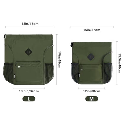 WANDF Drawstring Backpack with Shoe Compartment, Sports Gym Bag - color: L, Dark Green, size: Large
