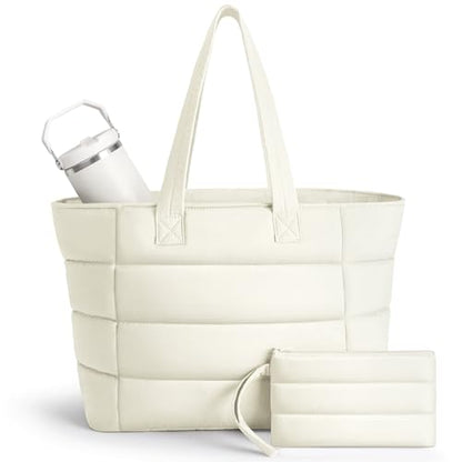 PASMAN Puffer Tote Bag for Women - Nurse Bag with Bottle Pocket - color: White, size: Large