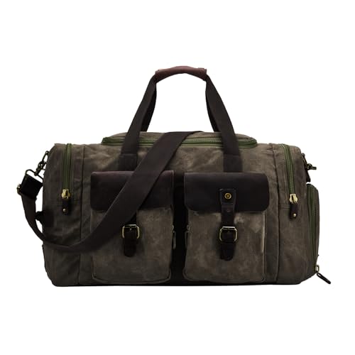 Waxed Canvas Duffel Bag with Shoe Compartment | Waxed Canvas Travel Bag for Men, Genuine Leather Trim, Shoe Compartment, Front Pockets, Weekend, Overnight and Carry-On Use - color: Olive green