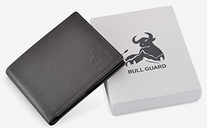 BULLGUARD Mens RFID Blocking Wallet Bifold with Flip Up ID in Saffiano Grey Genuine Leather - color: Wild Mountain Grey