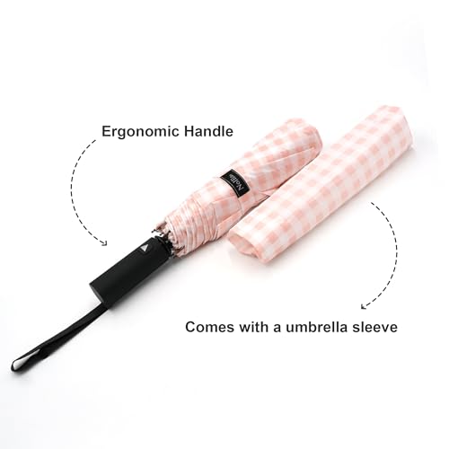 Nollia Compact Travel Umbrella with Auto Open – Windproof Folding Umbrella, Lightweight & Portable for Rain - color: E. Pink Gingham