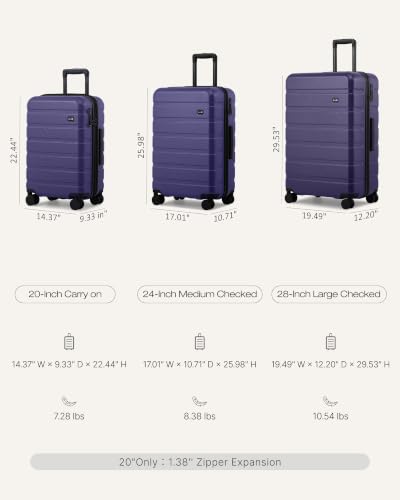 Coolife Luggage Set, Lightweight Durable Hardshell, 3 piece, Deep Purple - color: Deep Purple
