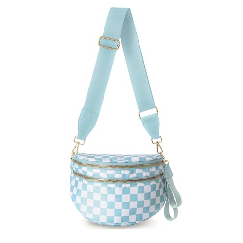 Checkerboard Crossbody Bag for Women, Expandable Plaid Belt Bag Nylon Fanny Pack with Multiple Pockets - color: Light Blue Checkered