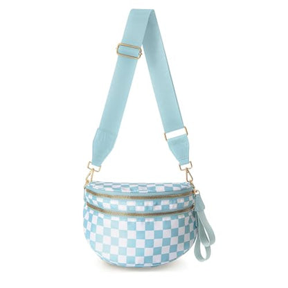 Checkerboard Crossbody Bag for Women, Expandable Plaid Belt Bag Nylon Fanny Pack with Multiple Pockets - color: Light Blue Checkered