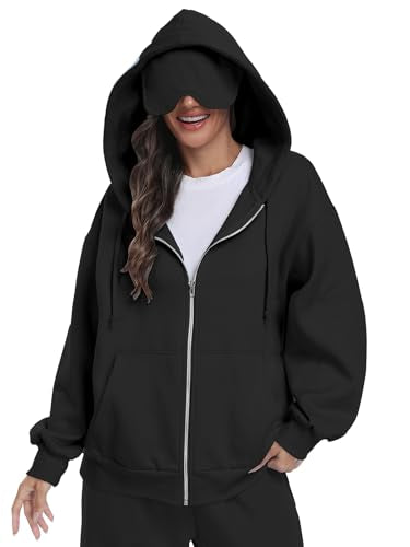 SeSe Code Unisex Zip Up Hoodie With Eye Mask Airplane Mode Travel Hoodies - color: Black, size: Large