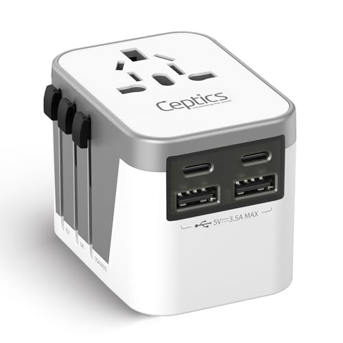 Ceptics Universal Power Adapter - 2 USB-A + 2 USB-C with Universal Socket - color: Grey/White