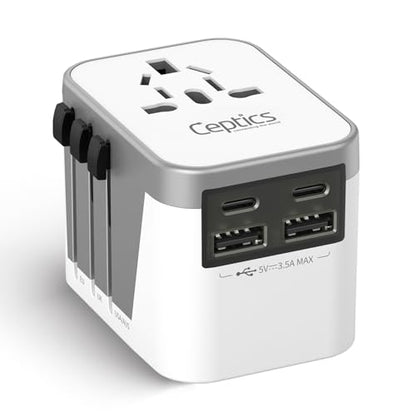 Ceptics Universal Power Adapter - 2 USB-A + 2 USB-C with Universal Socket - color: Grey/White