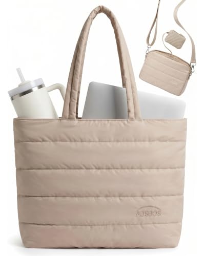 Aosbos Puffer Tote Bag for Women, 3-Piece Laptop Bag for Work,Travel,Gym - color: Grayish Brown