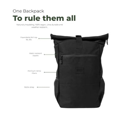 8000Kicks Everyday Hemp Backpack - Lightweight and Waterproof Backpack with Anti-theft pocket and Spacious Interior (Solid Black) - color: Solid Black