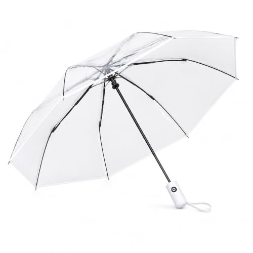 Full Automatic Folding Transparent Umbrella,Lightweight Clear Canopy,Waterproof,Strong Compact Windproof Umbrella for Golf,Backpack and Travel, Weddding - color: Clear White