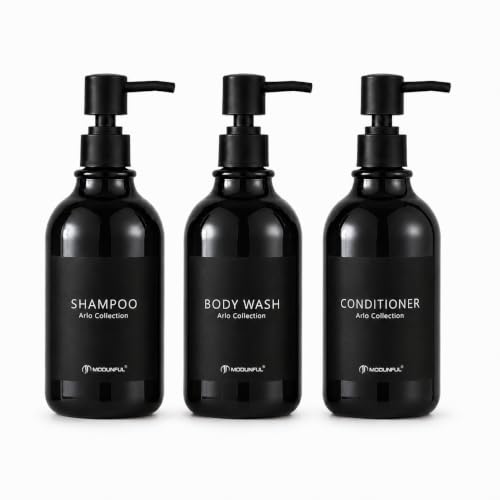 Black Shampoo and Conditioner Dispenser Set of 3, Black Smooth Pump - color: Glossy Black