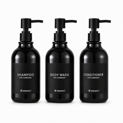 Black Shampoo and Conditioner Dispenser Set of 3, Black Smooth Pump - color: Glossy Black