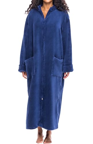 Women's Long Sleeve Plush Fleece Zip Up Robe, Zipper Bathrobe - color: Navy Blue, size: Small