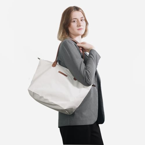 Waterproof Nylon Tote bag for Women Lightweight Designer Handbag with Zipper Stylish and Durable Purse - color: Paper White, size: Large