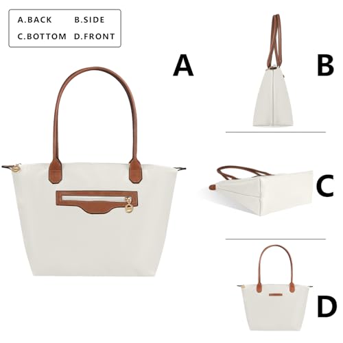 Waterproof Nylon Tote bag for Women Lightweight Designer Handbag with Zipper Stylish and Durable Purse - color: Paper White, size: Large