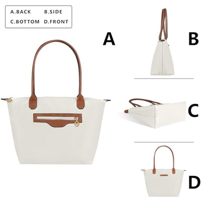 Waterproof Nylon Tote bag for Women Lightweight Designer Handbag with Zipper Stylish and Durable Purse - color: Paper White, size: Large